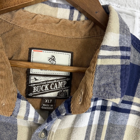 Legendary Whitetails Buck Camp Navy & Cream Plaid Flannel Shirt Mens XLT TALL - Picture 3 of 8